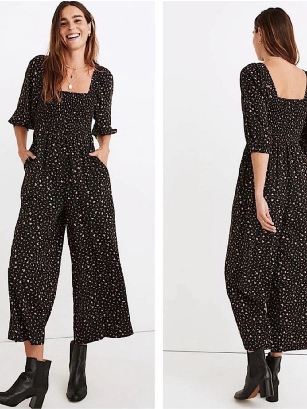 Madewell Smocked Square-Neck Wide-Leg Jumpsuit - Black Floral